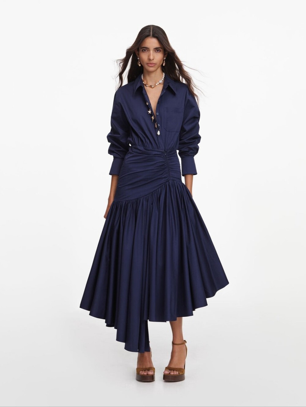 Self Portrait Navy Cotton Asymmetric Midi Dress